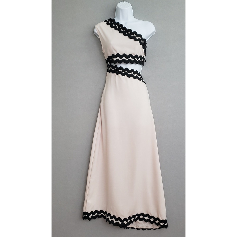Womens S Maxi Dress Ivory Black One Shoulder Cutout Waist Resortwear Vacation